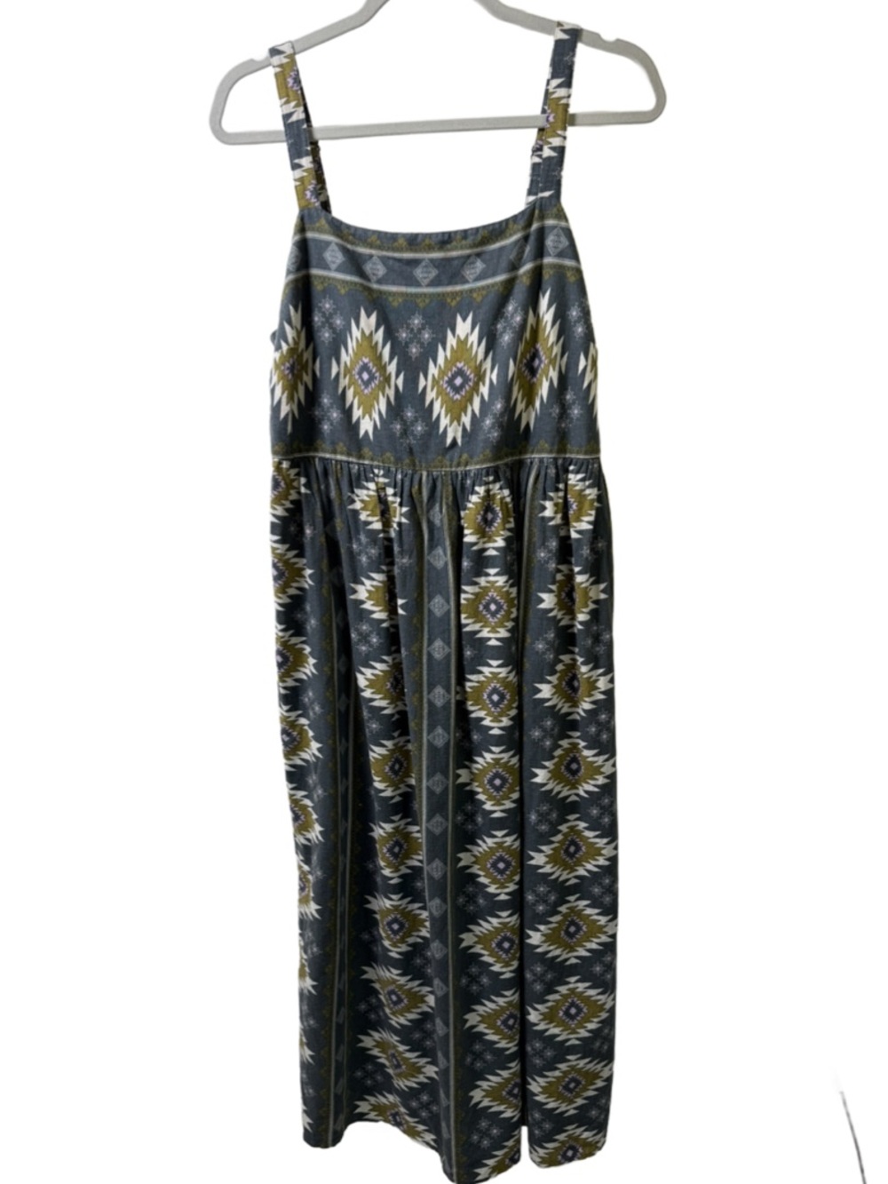 Sonoma Linen Southwest Print Maxi Sundress in Olive and Charcoal